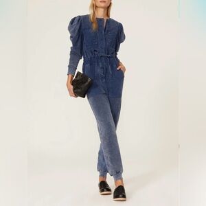 $445 ULLA JOHNSON Sadie Puff-Sleeve Jumpsuit | Indigo Acid‎ | FR 34 US 2